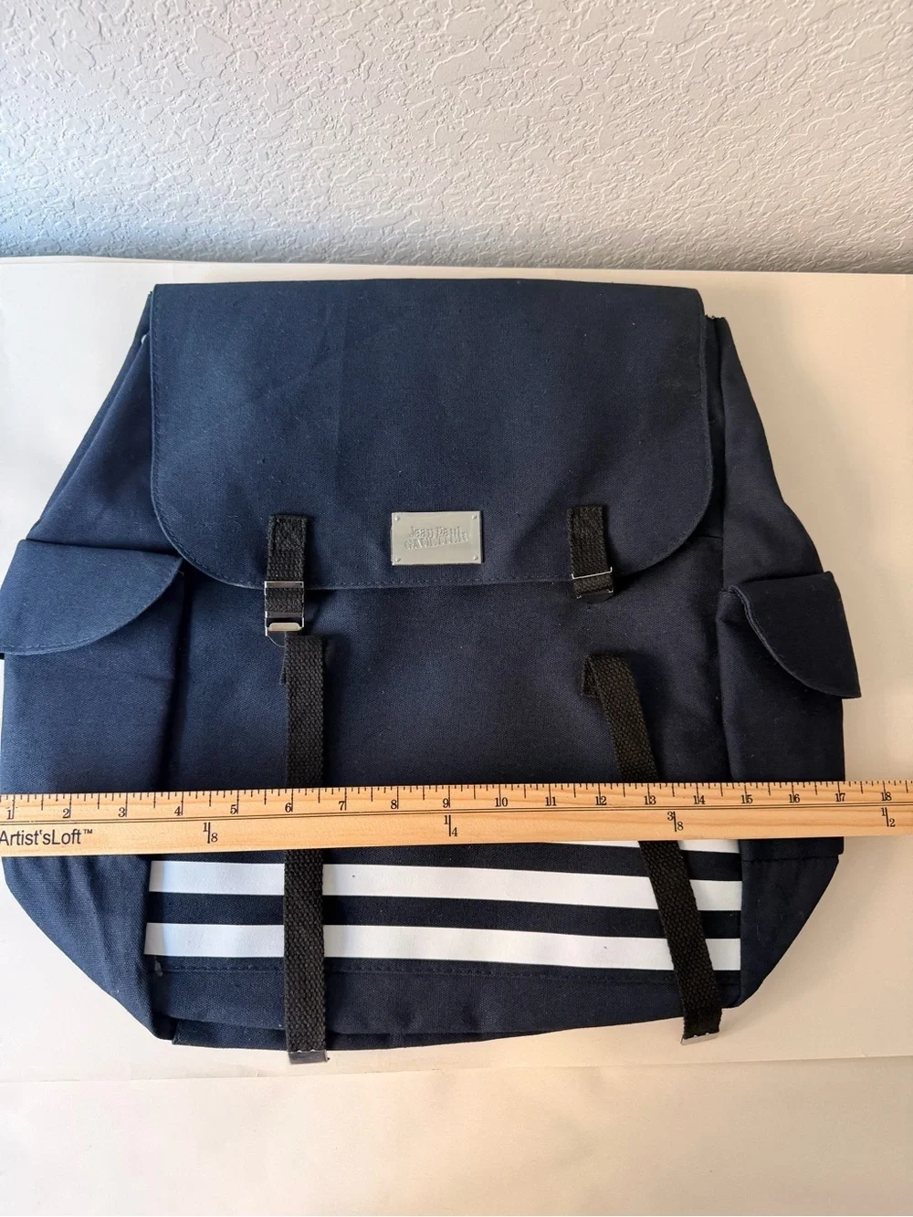 Jean Paul Gaultier Navy Canvas Backpack | White Stripe Designer Logo Bag